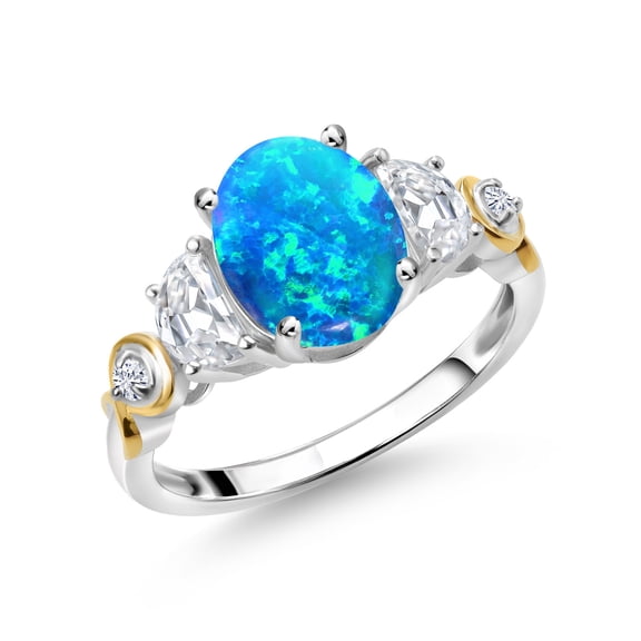 Gem Stone King 925 Silver and 10K Yellow Gold 3-Stone Ring Oval Cabochon Blue Simulated Opal and Half Moon Moissanite | 1.06 Cttw | Gemstone Birthstone (Size 9)