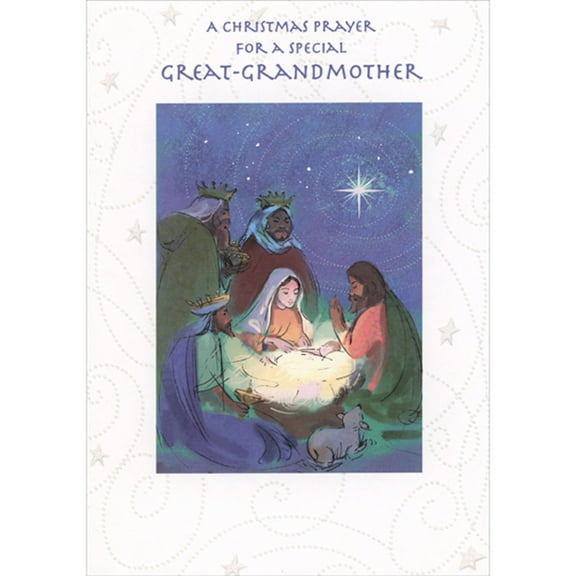 Designer Greetings Baby Jesus, Mary, Joseph and Magi on Blue with Sparkling Star Religious Christmas Card for Great-Grandmother