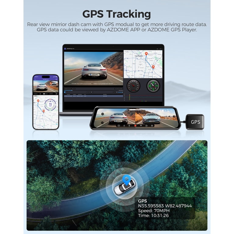 AZDOME PG17 4K Dash Cam Front And Rear - 12" Mirror Camera, WiFi, GPS, Voice Control, 64GB Card & Waterproof Rear Cam Included