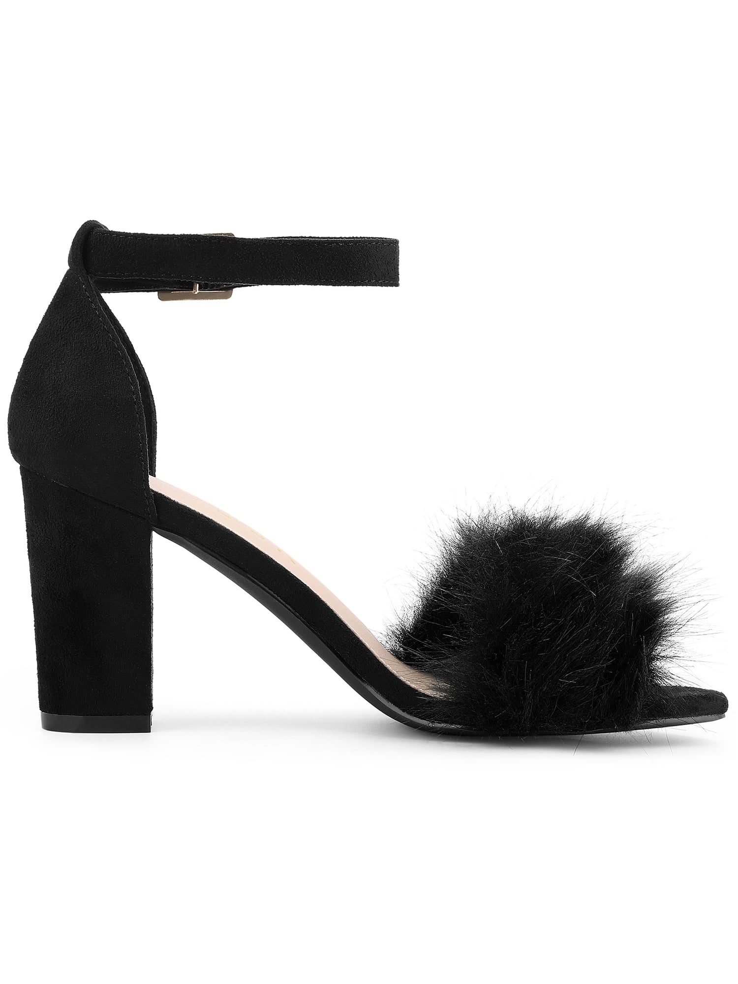 DARING DIVA Women's Ankle Strap Faux Fur Block Heels Beige Sandals for Wear Black 9