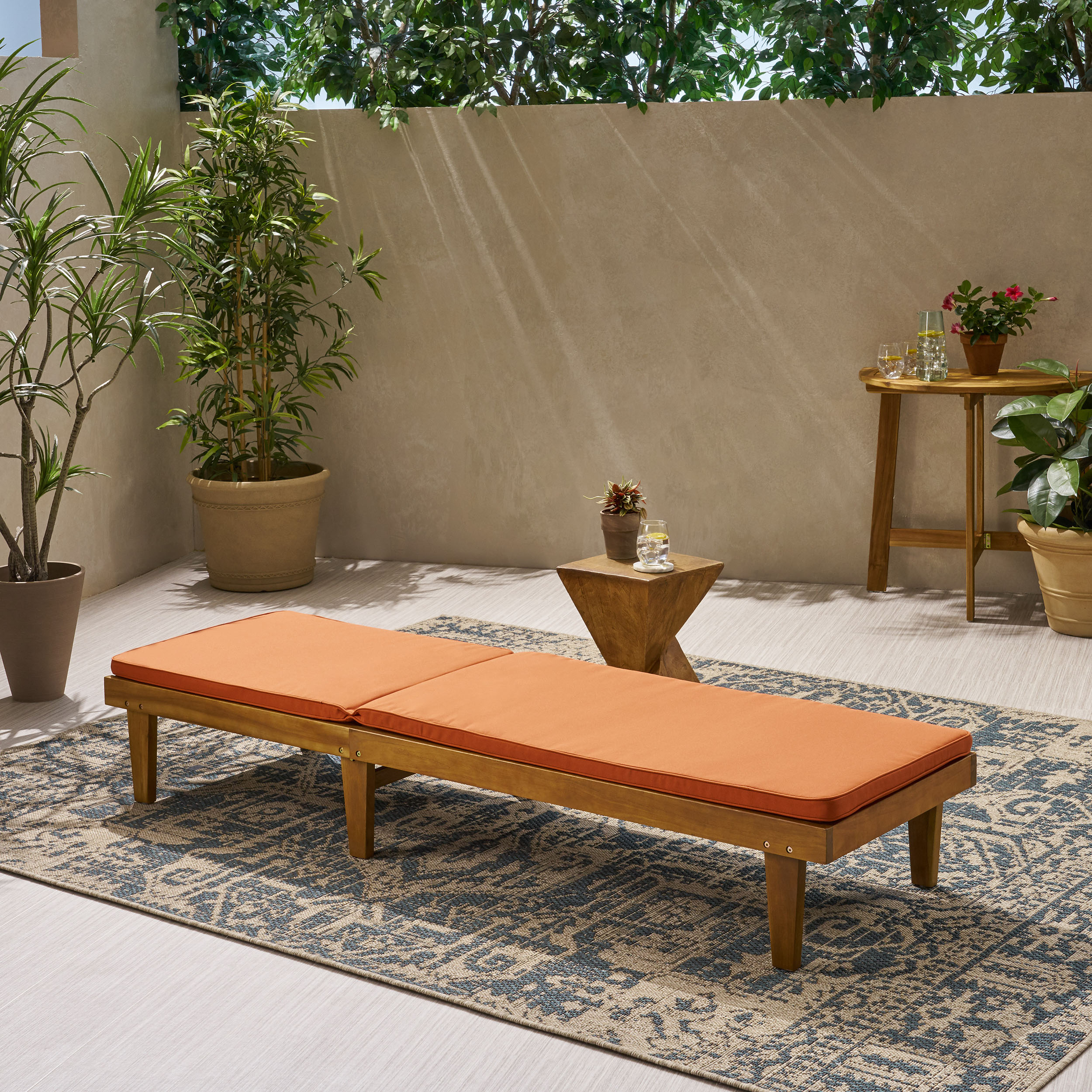 Maddison Outdoor Acacia Wood Chaise Lounge and Cushion Set, Teak and Rust Orange