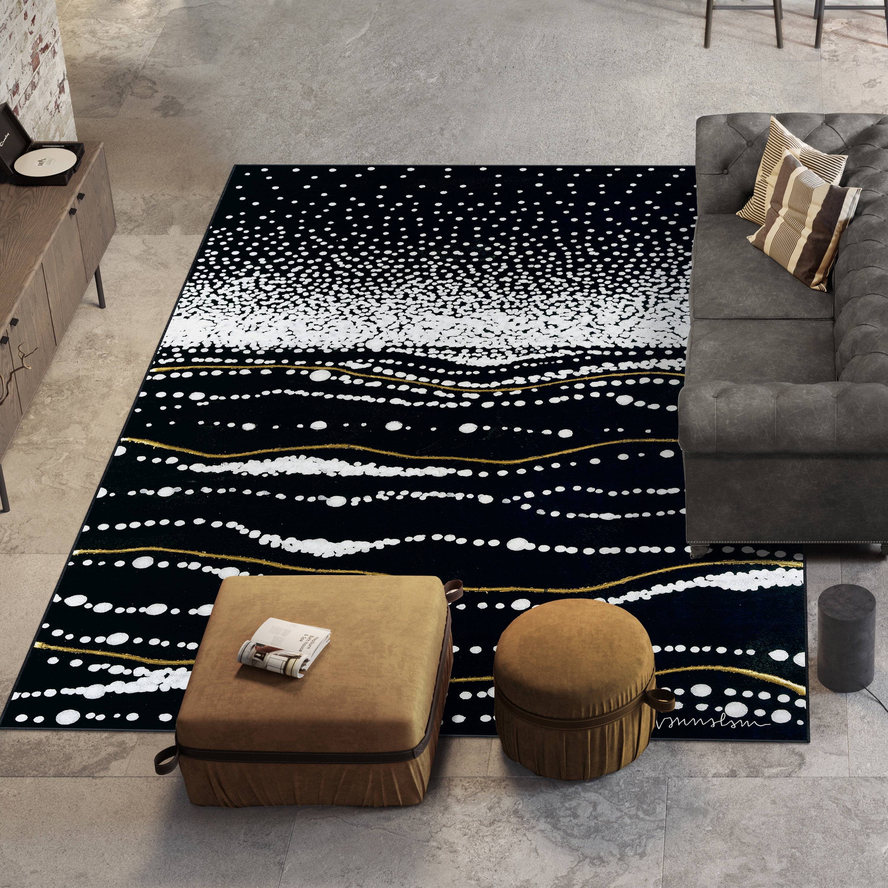 Infinity Sands II Washable Black Art Area Rug size 8'x10', Power-loomed, Heavenly Softness with Non-Slipping Backing