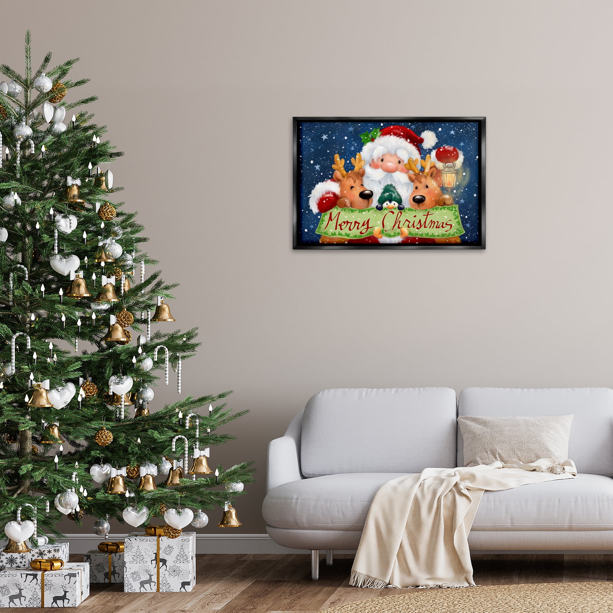 Stupell Industries Santa with Lantern Christmas Holiday Painting Black Floater Framed Canvas Art Prints Wall Art, 31 x 21