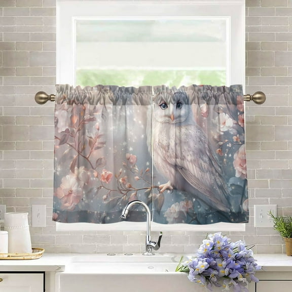 BZSMCE Set of 2 Pieces Kitchen Window Curtain Fashion Owl with Flowers Printed 27x24in/27x36in