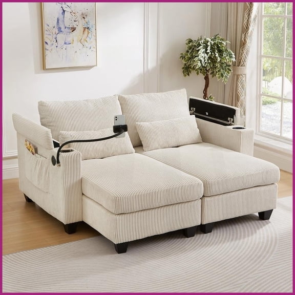 Modern Beige Corduroy 63" Loveseat Convertible Chaise Lounge with USB, Storage & Cup Holders for Living Room Bedroom