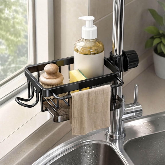 10.2 in Faucet-Mounted Sink Caddy with Drain Tray, Aluminum Alloy Kitchen Sponge Holder & Soap Organizer with Towel Bar and Hook for 0.71-1.10 in Round Faucets