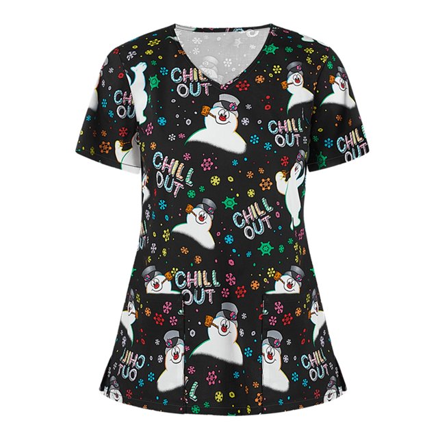 Pntutb Blusa de manga corta con cuello en V para mujer, uniforme de trabajo, blusa de Acción de Gracias de Navidad Pntutb Pntutb-6255