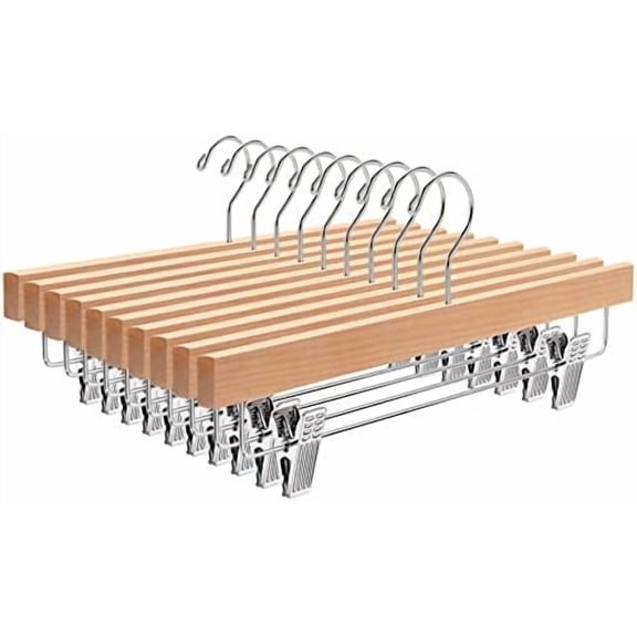10 Pack Natural Wooden Pants Hangers with Clips, Wood Skirt Hangers Trouser Hangers for Jeans, Slacks, Shorts with 2-Adjustable Clips