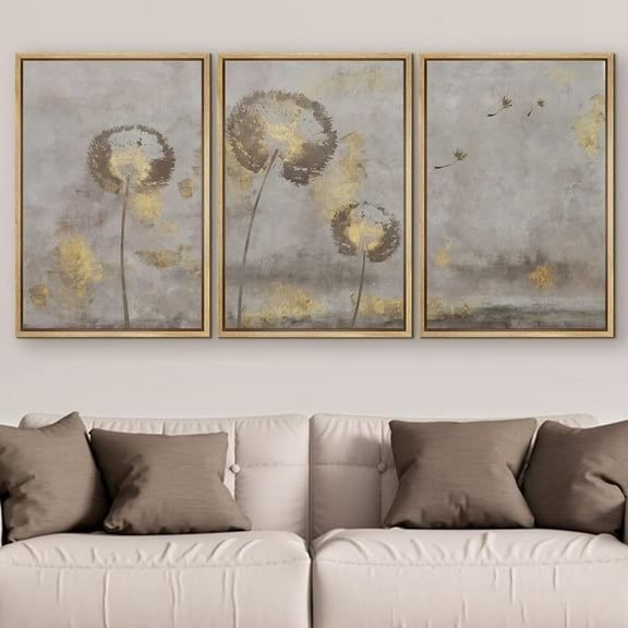 PixonSign Framed Wall Art Set Pastel Grunge Country Dandelion Flower Field Landscape Nature Wilderness Modern Art Decorative Minimal Relax/Calm for Living Room, Bedroom, Office - 24"x36"x3 Natural