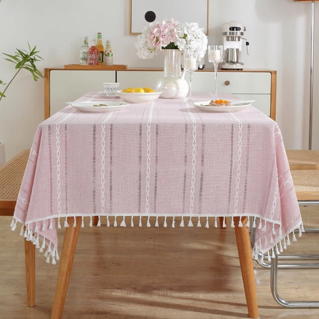 Pink Rustic Table Cloth, Rectangle Textured Cotton Linen Fabric Tablecloth with Tassel, Valentines Day Farmhouse Table Cover Embroidery Stripe Tablecloths for Kitchen Dinning Party, 140*180c