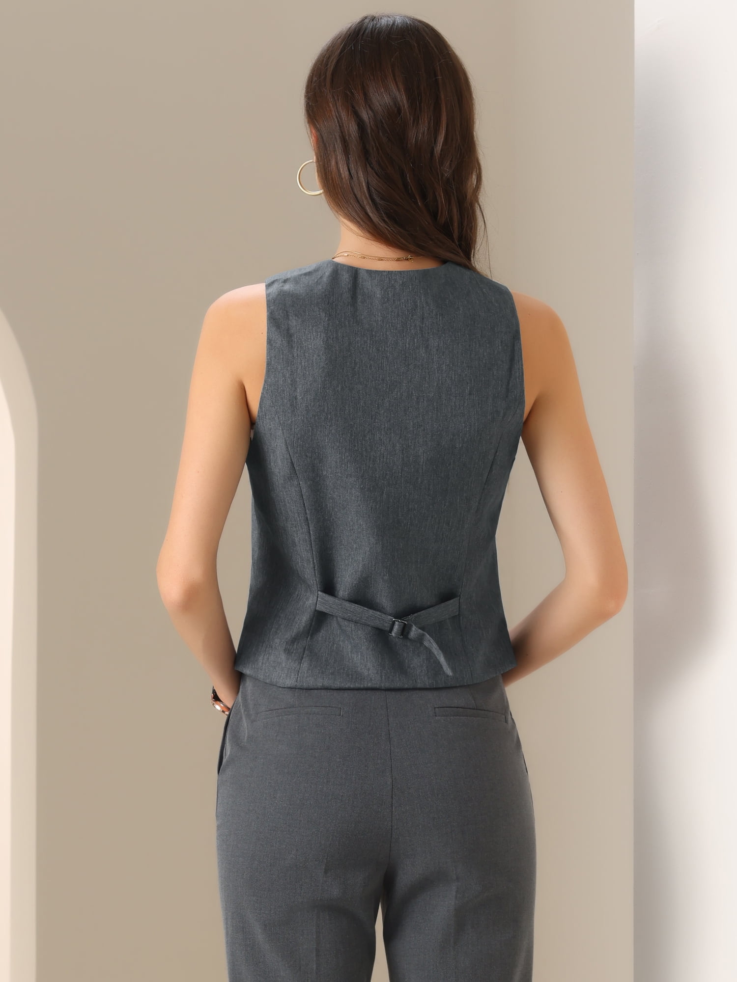 Women's V-Neck Button-Down Work Blazer Vest Waistcoat M Gray - image 3