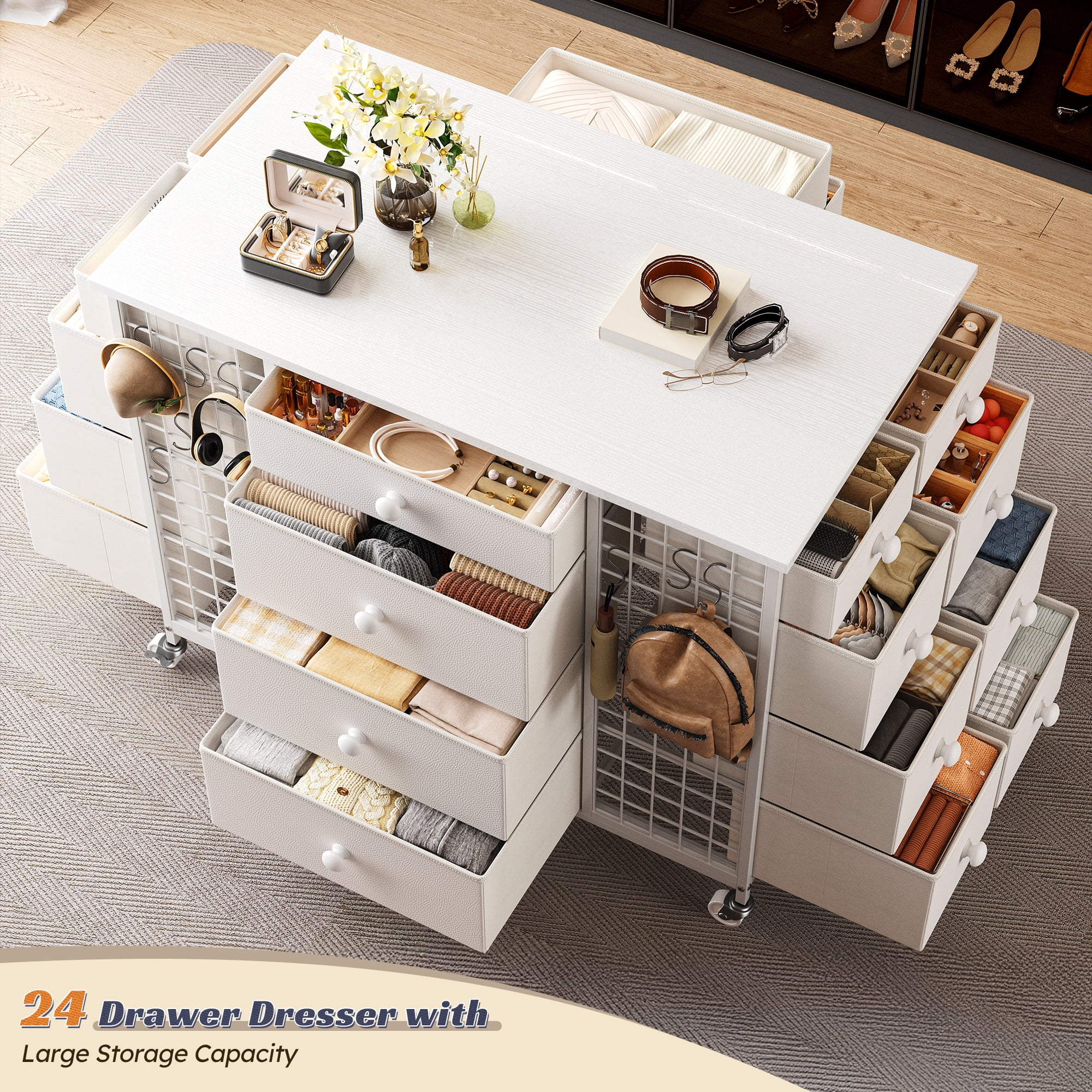 EnHomee 24 Drawers White Dressers for Bedroom Closet Dresser Fabric Drawers with Wheels