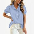 thumbnail image 4 of Womens Striped Pattern Shirts Short Sleeve Button Ruffle Stand Collar Shirt Puff Tighten Cuffs Fashion Top Summer Dressy Casual Loose Tops 2XL Dark Purple, 4 of 5