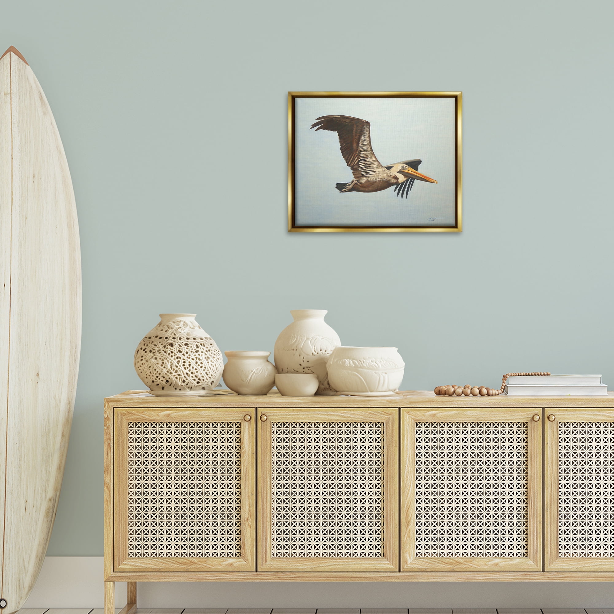 Stupell Industries Brown Pelican in Flight Animals & Insects Painting Gold Floater Framed Canvas Art Print Wall Art, 21 x 17