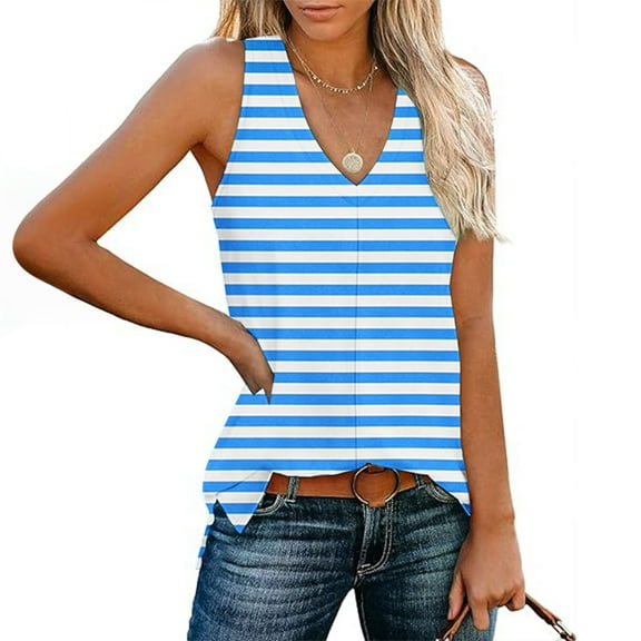 Tank Tops for Women under $5 Stripe V-neck Sleeveless Loose Casual Side Slit Casual Top Blue S