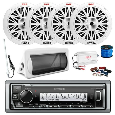 Kenwood KMR-M332BT Single DIN Marine USB Bluetooth AM/FM Receiver, Radio Cover, 4-Channel Amplifier w/Wiring Install Kit, 4x 6.5'' 200W 2-Way Full Range Outdoor Speakers, Wire, Long Range Antenna