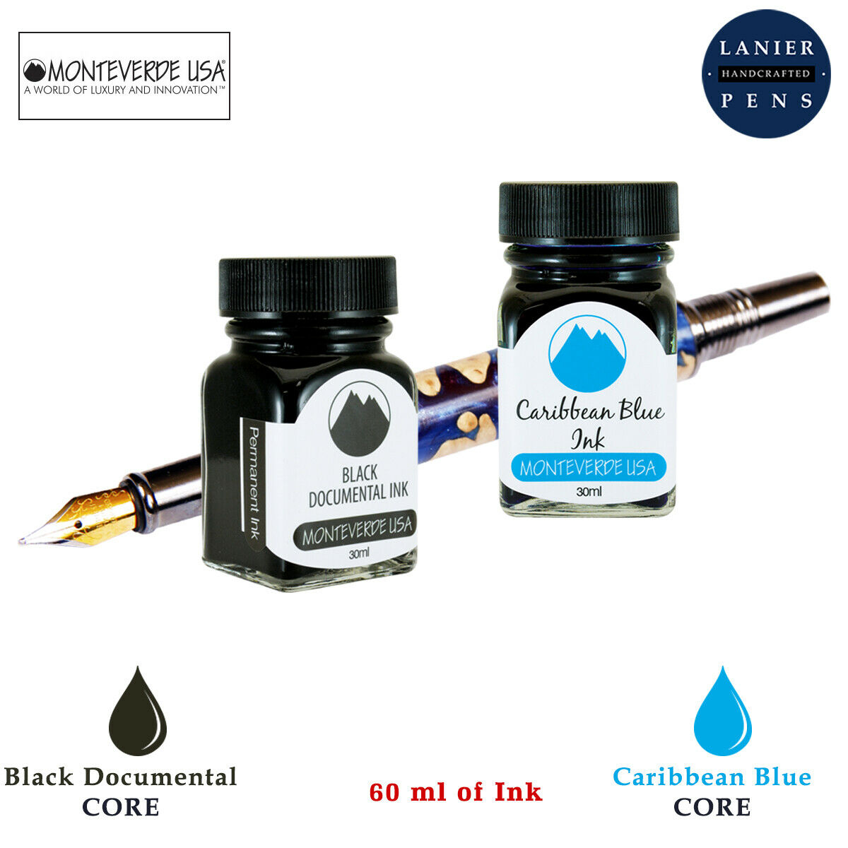 Monteverde 60ml Core Fountain Pen Ink Bottle (30ml Black Documental Ink Bottle G309DB, 30ml Caribbean Blue Ink Bottle G309CU)