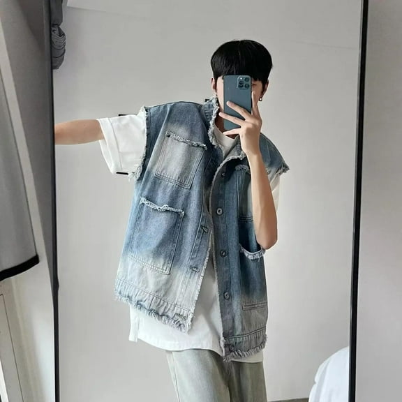 Vintage Men's Denim Jacket Sleeveless Vest Shawl Collar Jean Outerwear Loose Fit Punk Style Top 2024 Summer New Arrivals