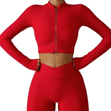 Quick-Dry Dual Zipper Women's Crop Workout Jacket, Breathable Chinlon Material, Perfect for Gym, Red, Size L