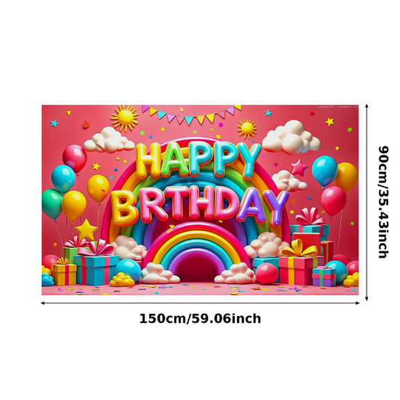 Colorful Happy Birthday Banner with Rainbow Sun Clouds Balloons and Gifts Backdrop Party Supplies Birthday Decoration Photography Props Birthday Party Decorations