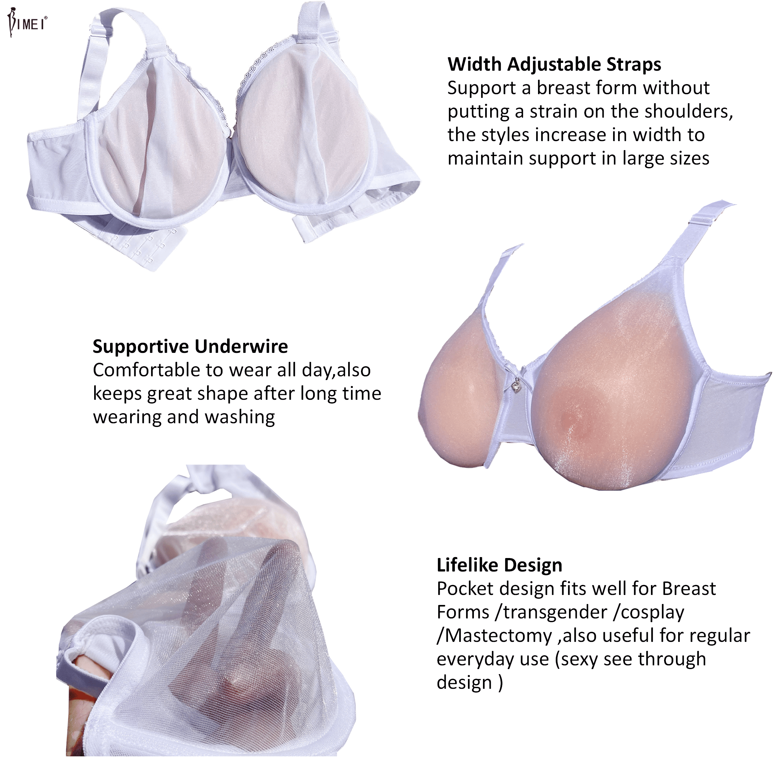 BIMEI See Through Bra CD Mastectomy Lingerie Bra Silicone Breast Forms  Prosthesis Pocket Bra with Steel Ring 9008,White,42C