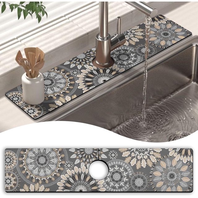Kitchen Sink Splash Guard Faucet Mat 24" X 5.5" Mandala Absorbent Fast Drying Mat Faucet Draining Mat Sink Splash Guard Behind Faucet Drip Catcher for Kitchen Bathroom