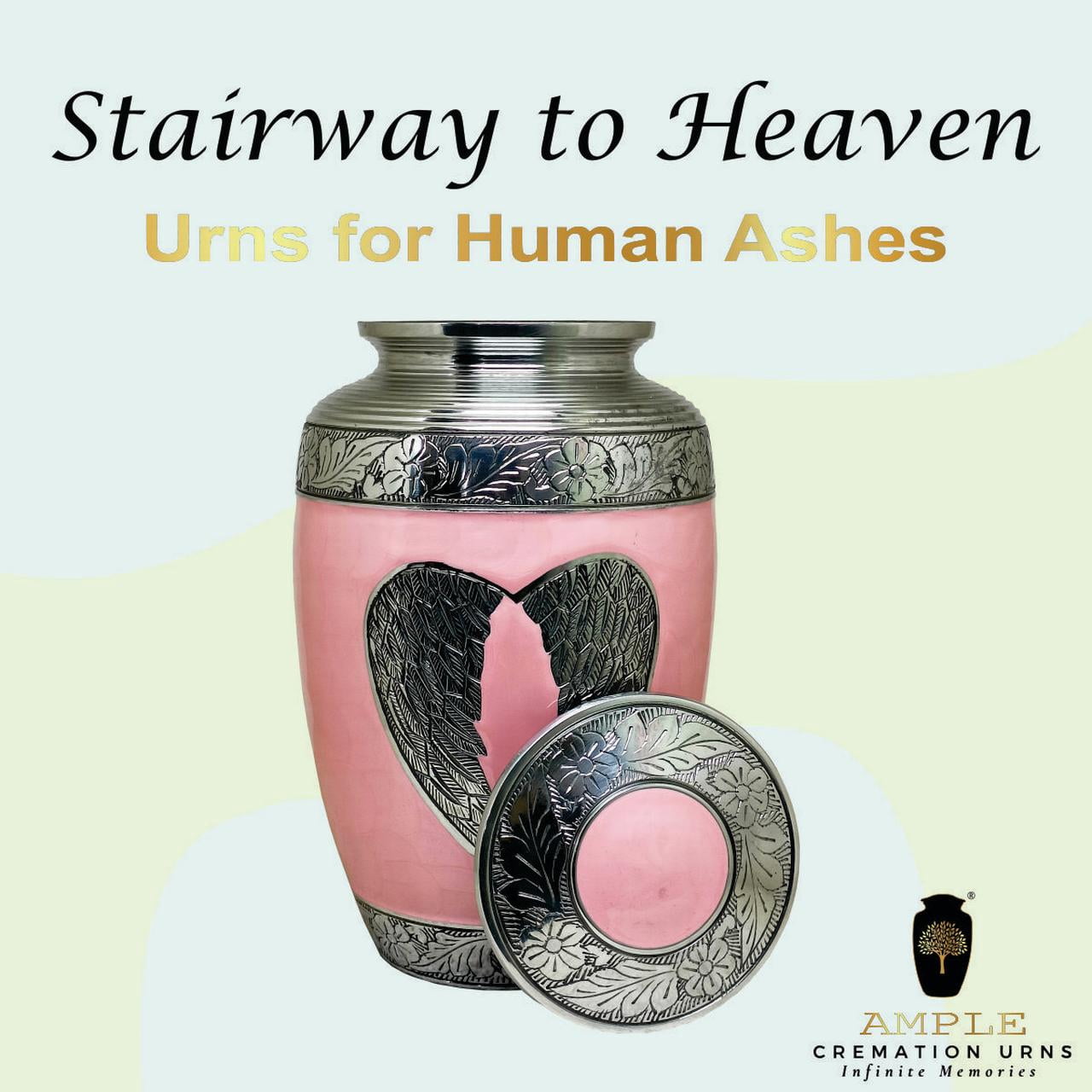 Pink Cremation Urn with Silver Wing Detail, 11x7 inches - Ample Size for Human Ashes