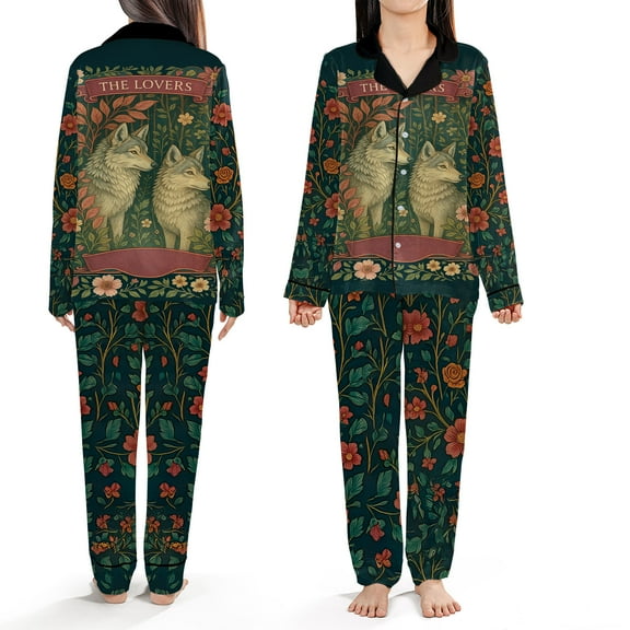 The Lovers Wolf Couple Pajama Set – Romantic Nature-Inspired Sleepwear, Artistic Floral Loungewear for Women, Anniversary, Valentine & Holiday Gift Nightwear