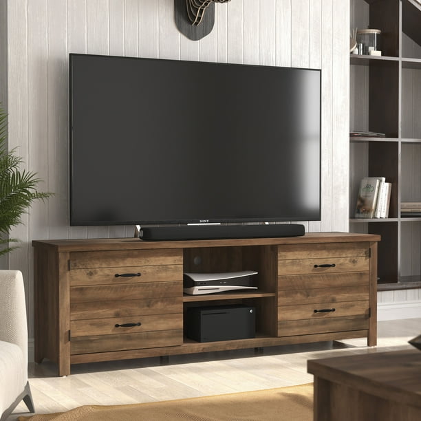 Lancaster Farmhouse 70” TV Stand with Charging Station for TV’s up to 75”, Knotty Oak