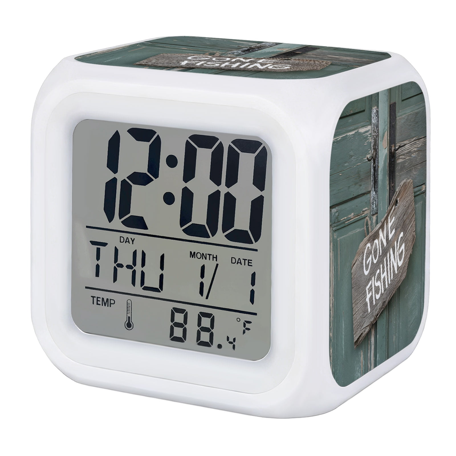 GONE FISHING Alarm Clock, Bronze Wood Grain Vintage Farmhouse Digital Clock Night Light with 7