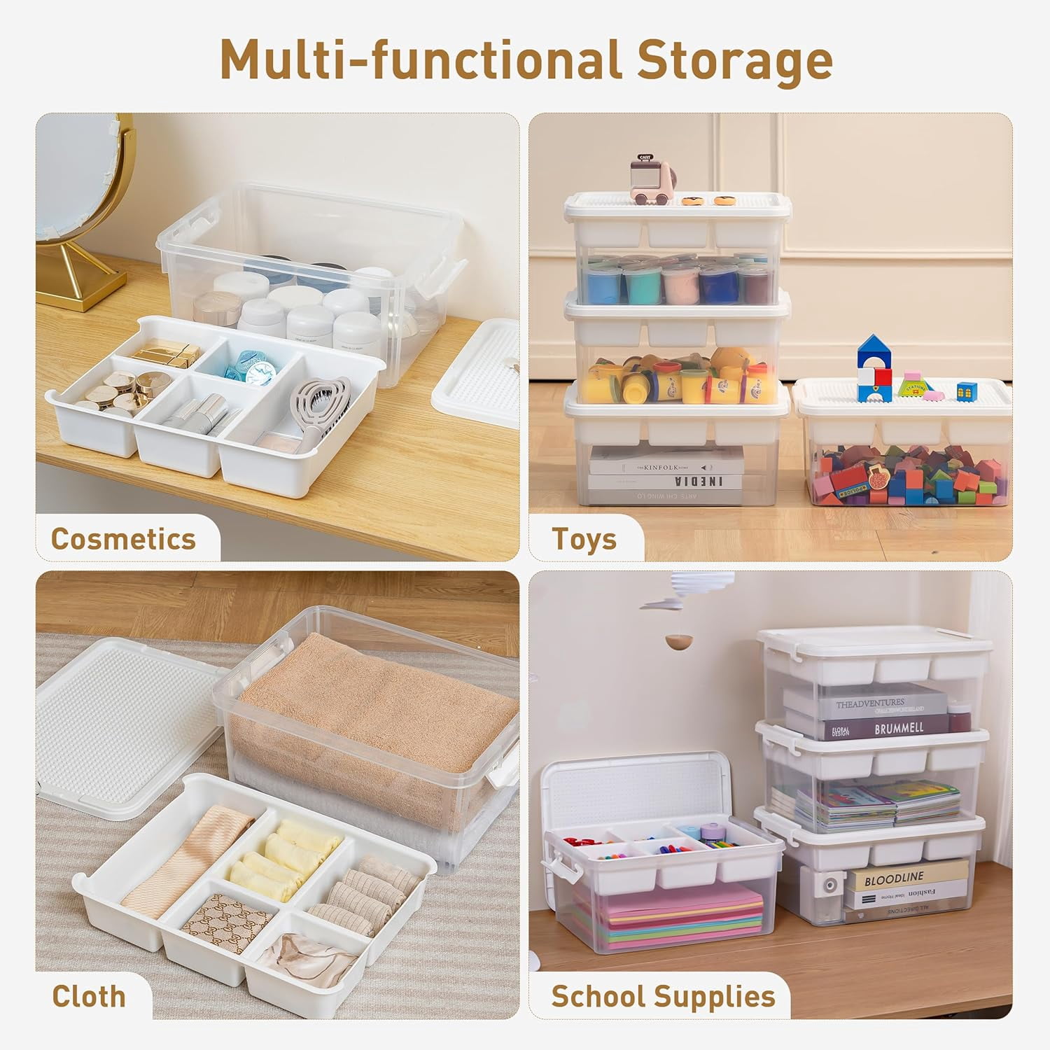 Sunny Lane 17 QT Storage Bins with Building Baseplate Lid and Removable Tray Large Plastic Storage Bins Lego Organizers and Storage Bead, Tool, Sewing, 4 Packs
