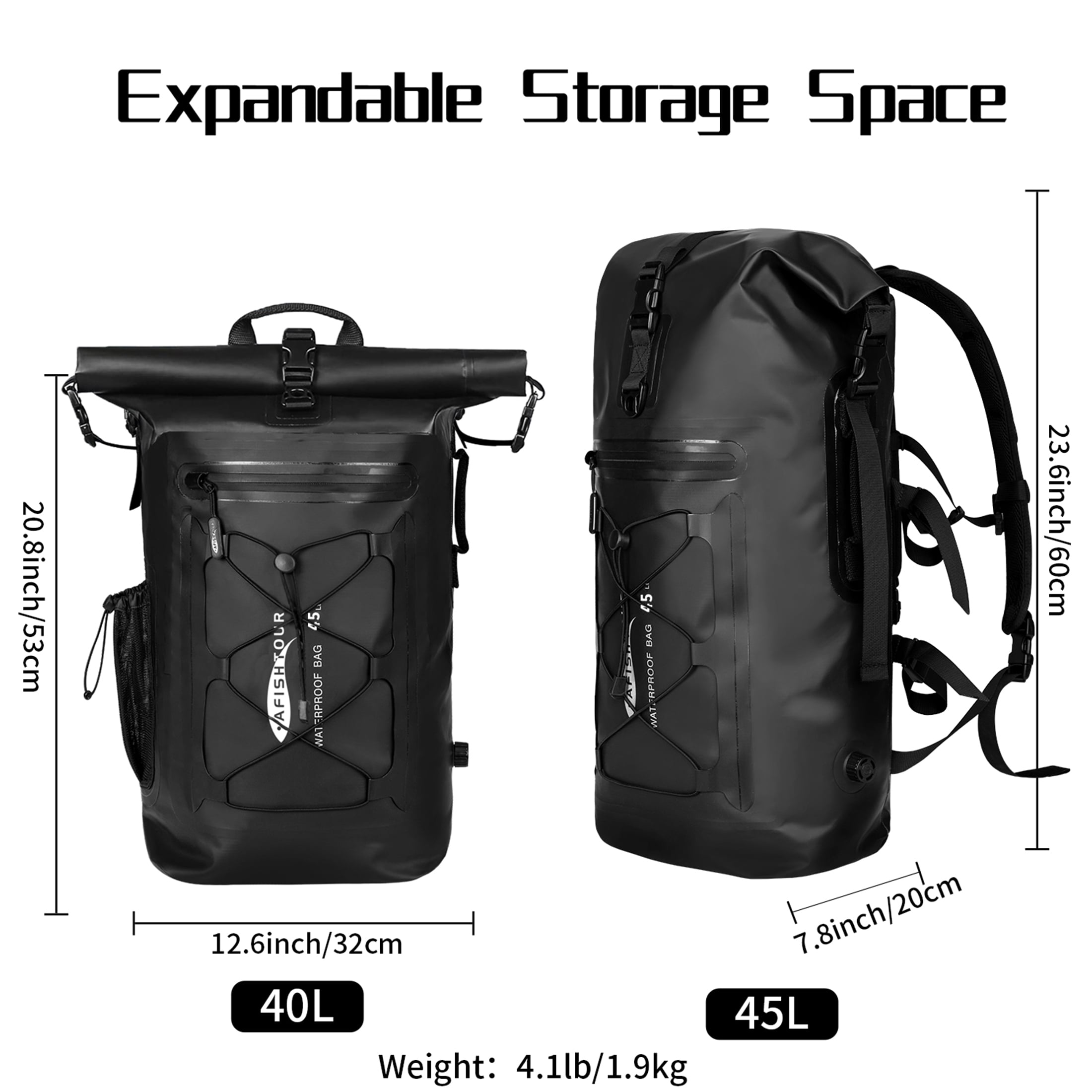 AFISHTOUR Dry Bag Waterproof Backpack, 45L Roll Top Floating Dry Backpack for Kayaking, Hiking, Camping, Travel (Black)