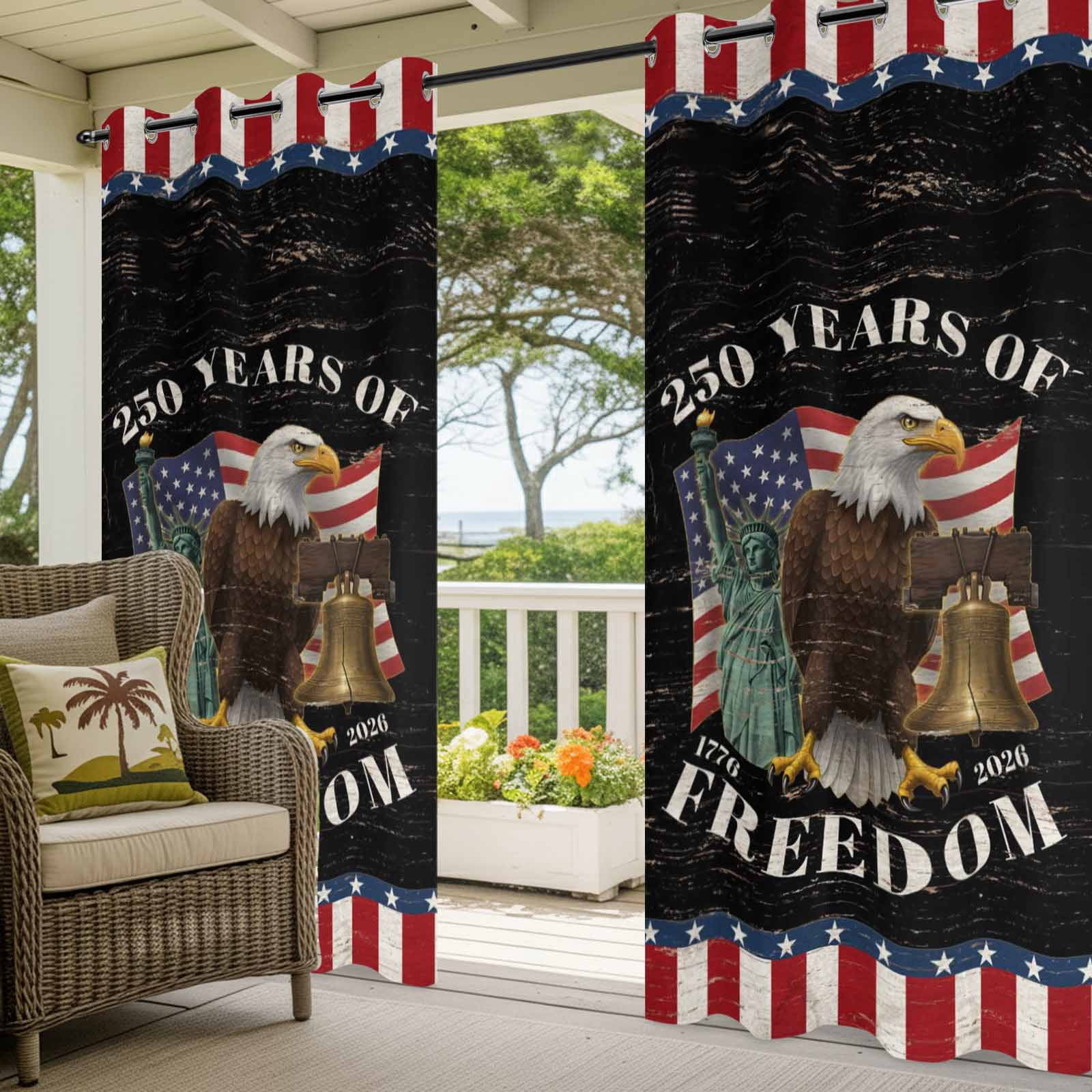 Years of Freedom Outdoor Curtains for Patio, Independence Day America Flag Eagle Bell Sunshade Privacy Drapes Grommet Waterproof Outside Curtains for Porch/Cabana/Balcony 54"x 108", 1 Panel