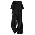 thumbnail image 3 of Womens Summer Casual Two Piece Sets V Neck Long Sleeve Tops Wide Leg Pants Casual Travel Lounge Set Track Suits, Beach Outfits(Black,M), 3 of 3