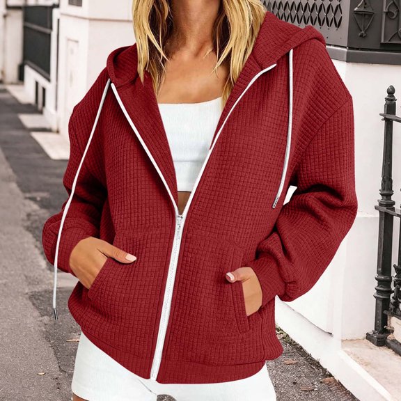 Qulqfy Hoodies for Women Waffle Knit Casual Wine Lightweight Winter Fall Hooded Drawstring Long Sleeve Zip Up Loose Track Jackets with Pockets S