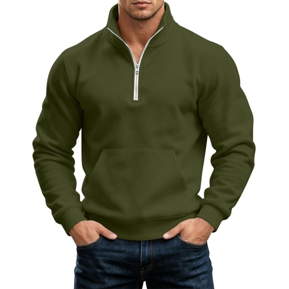 hoksml Men's Quarter Zip Pullover Sweatshirt Solid Stand Collar Kangaroo Pocket for Fall Winter Daily Casual Outdoor Comfort