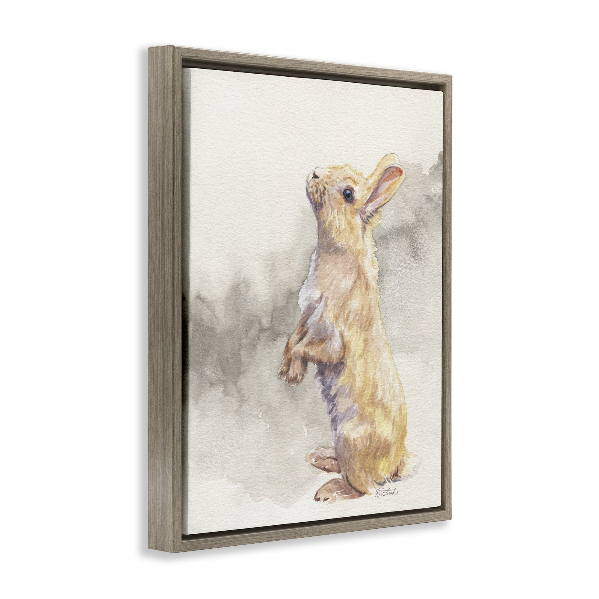 Stupell Industries Standing Bunny Watercolor Animals Painting Brown Floater Framed Canvas Art Print Wall Art, 17 x 21