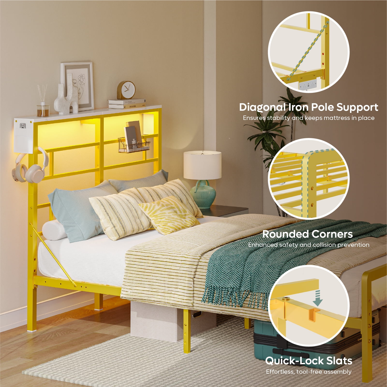 Bestier Full Size Bed Frame with LED Headboard & Charging Station, Metal Platform Bed with 15.7'' Large Under Bed Storage, Gold