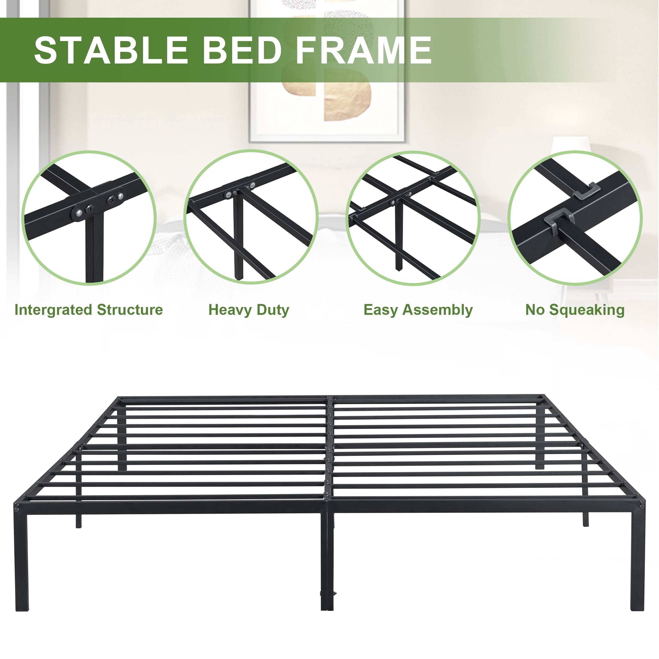 Aukfa Platform Metal Queen Size Bed Frame, 14 Inch, 600 lb Capacity, Noise Free, Black