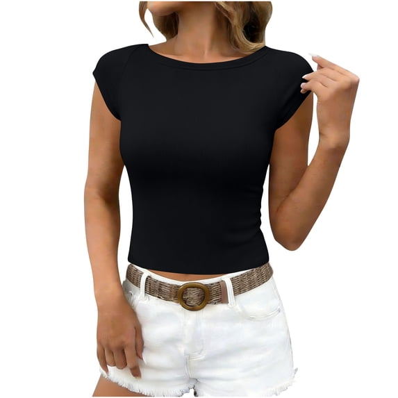 Xuyuer Ribbed Cap Sleeve Crop Tops for Women Tight Fitted Cropped T Shirts 2026 Summer Trendy Short Sleeve Tee
