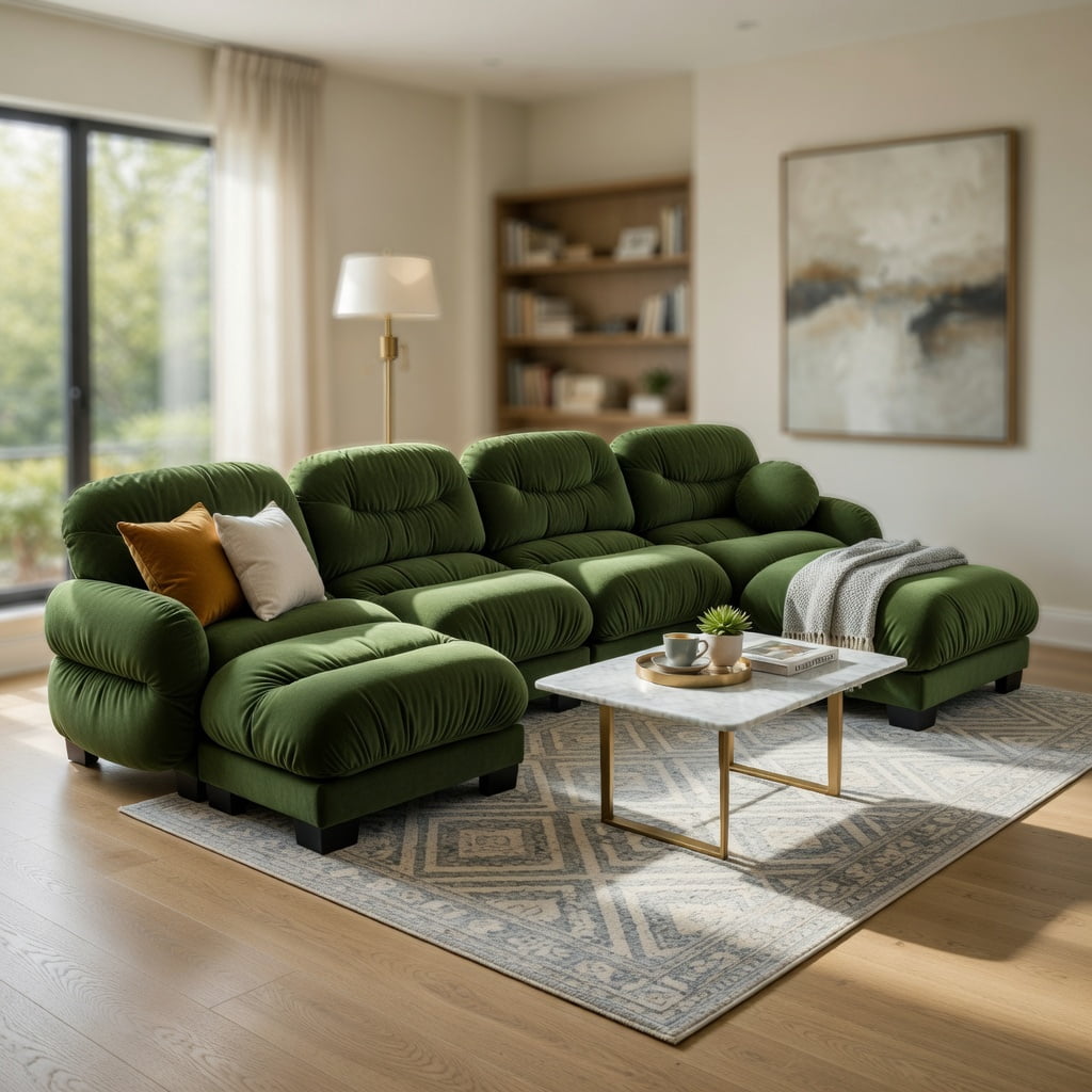 Hommoo Chenille U-Shaped Modular Sectional Sofa with Ergonomic Foam, Pleated Back Design, 2 Ottomans & 2 Throw Pillows, 4-Seat Plush Living Room Couch, Green