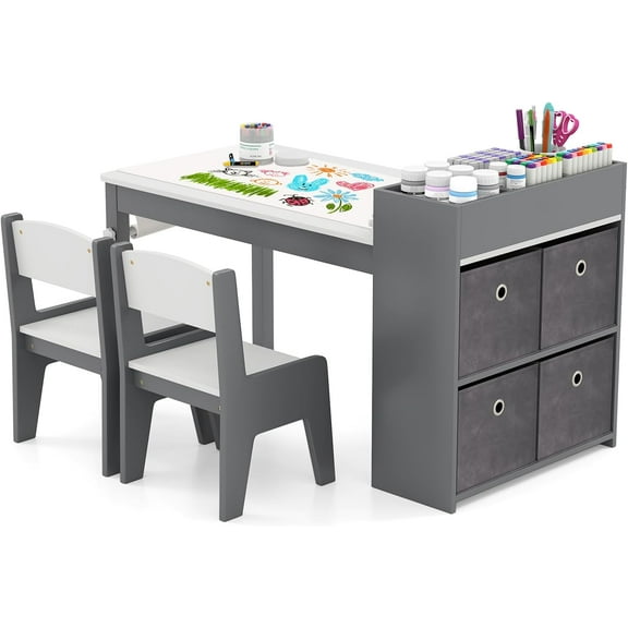 Kids Table and Chair Set, Wooden Arts and Crafts Activity Table w/Paper Roll, Storage Bins & Shelves for Writing Drawing, Children Learning Furniture, Toddler Table and Chair Set (Grey)