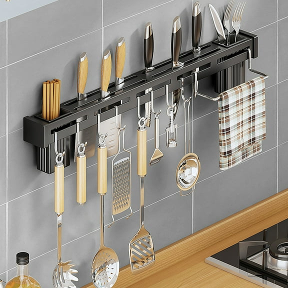 HOZVOMI Stainless Steel Wall Mount Utensil Holder, 20'' Multi-use Kitchen Storage Organizer Rack with Knife Holder, Towel Bar, Flatware Slot, and 6 Removable Hooks