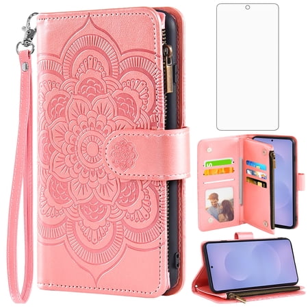 Asuwish Wallet Phone Case for Samsung Galaxy S26 Plus S26+ 5G and Tempered Glass Screen Protector Flower Faux Leather Flip Credit Card Holder Stand Zippered Cell Cover S26Plus 26S + S 26+ Women Pink