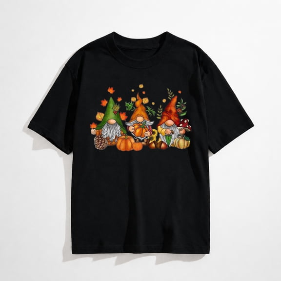 Halloween Gnome Pumpkin Graphic T-Shirt for Women, Fall Harvest Short Sleeve Casual Tee