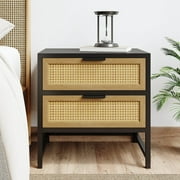 Homary Modern Wood Nightstand Rattan Nightstand with 2 Drawers Storage for Bedroom