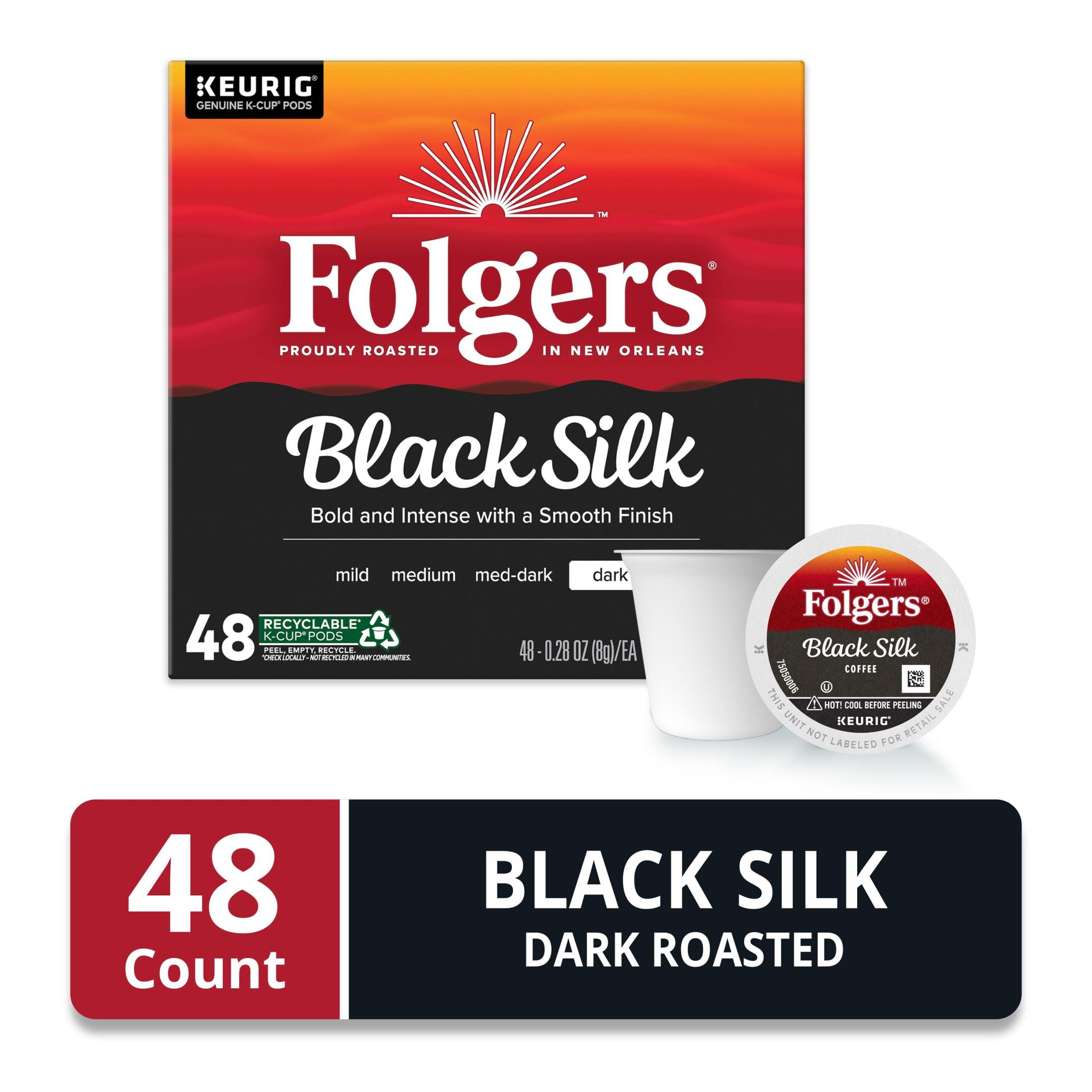 Folgers Black Silk, Dark Roast Coffee, Keurig K Cup Pods, 48 Count Box
