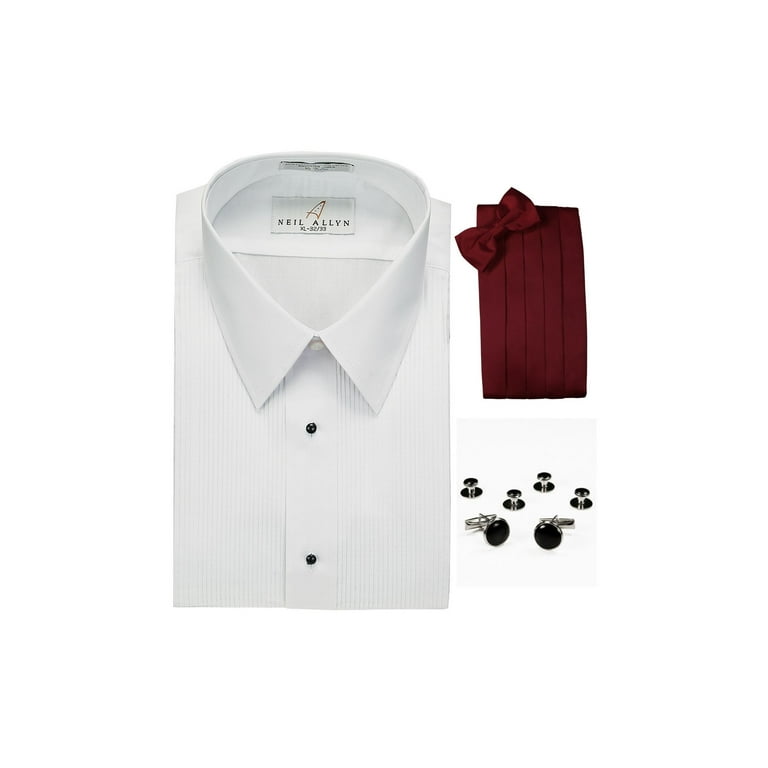 Lay-down Collar Formal Tuxedo Shirt, Burgundy Cummerbund, Bow-Tie, Cuff Links & Studs Set, Size: XL, Neck 17 inch-17.5 inch, Sleeve length 32 inch-33 Lay-down Collar Formal Tuxedo Shirt, Burgundy Cummerbund, Bow-Tie, Cuff Links & Studs Set, Size: XL, Neck 17 inch-17.5 inch, Sleeve length 32 inch-33