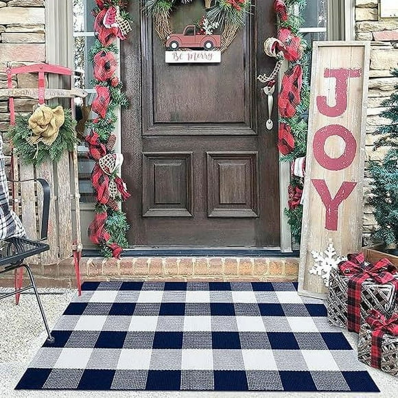 Buffalo Plaid Area Rugs Navy and White Checkered Rug Washable Front Door Mat Hand Woven Cotton Outdoor Rug Small Rug for Front Porch Kitchen Entryway Patio Bathroom