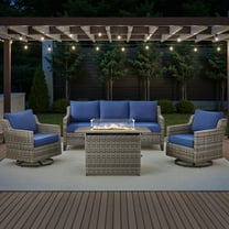 PARKWELL 4 Piece Outdoor Patio Furniture Set with Fire Pit Table,All-Weather Conversation Set with Luxury 4-Inch Thick Cushions,Swivel Glider Chair,5-Seat Furniture Sets for Deck, Backyard,Gray/Navy